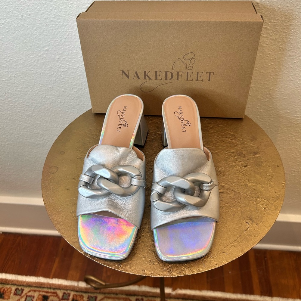 Naked Feet Silver Slide Sandals with Block Heel